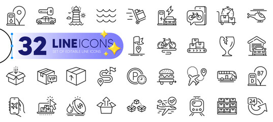 Outline set of Garage, Lighthouse and Diesel station line icons for web with Online storage, Charging station, Journey thin icon. Push cart, Bike app, Fragile package pictogram icon. Vector
