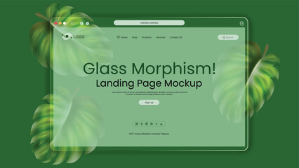 Dark hunter green Landing page template for Organic product brand. Horizontal website screens. Transparent rectangular glass plate. Trendy vector glass morphism with 3D leaves. - obrazy, fototapety, plakaty