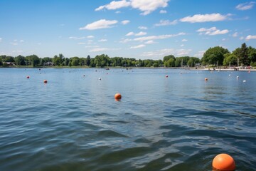 lakeshore marked for recreation with floating buoys