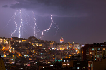 A powerful electric shock hits the city center with multiple lightning strikes near the Istanbul...