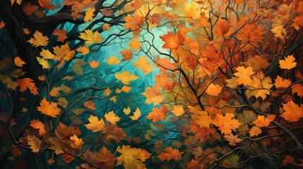 Forest canopy weaves a tapestry of vibrant hues, soon to descend earthward. Falling leaves natural background.