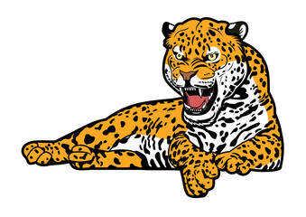 A leopard is lying down and angry in a vector cartoon illustration