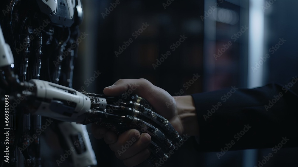 Poster close-up of a robot arm in the hands of a man