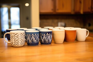 matching coffee mugs separated by a table