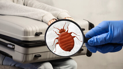 Bedbugs in a suitcase with things. Carrying bedbugs in a suitcase from a trip. Cimex lectularius is a type of domestic blood-sucking insect. - obrazy, fototapety, plakaty