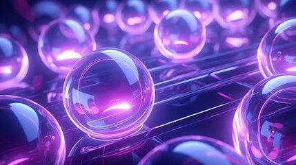 Illuminated 3d glass transparent sphere purple blue holographic background.AI generated image