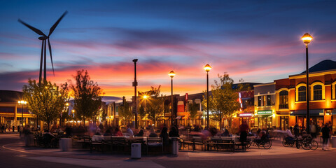 Fototapeta premium Vibrant Town Square Illuminated by the Brilliance of Wind Turbines, Showcasing Sustainable Energy and Community Engagement
