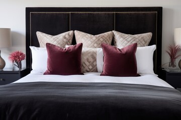 velvet headboard on a king-size bed with silk sheets