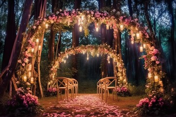 Obraz na płótnie Canvas Wedding arch decorated with pink flowers in the night forest.