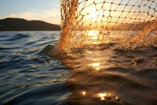 fishing net being cast into a glimmering sea