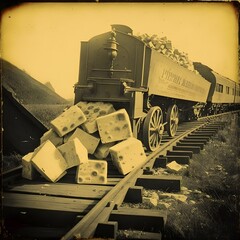 a withered old photo of the great swiss cheese spill of the year 1916 overturned truck full of swiss cheese blocks spilled over a railroad with a train approaching old vignette style vintage photo  - obrazy, fototapety, plakaty