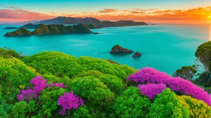 Abwaschbare Fototapete Grün Beautiful colorful rich nature of Australia at sunrise, emerald green sea, greenery, and flowers. High resolution, photogenic.