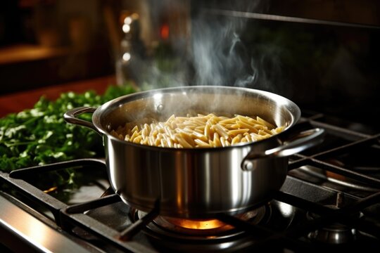 a pot filled with boiling pasta on a shiny stove
