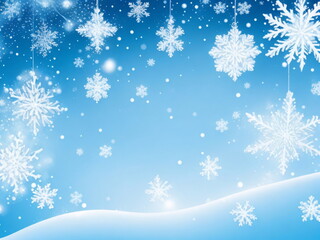 Fototapeta na wymiar Christmas snow Background, winter background, falling snowflakes, magical, whimsical, light blues, white lights, smaller accents, snow piles