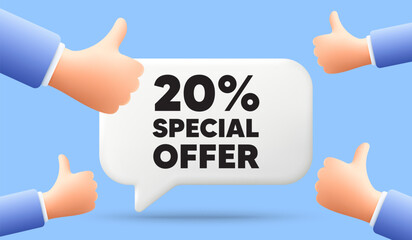 20 percent discount offer tag. 3d speech bubble banner with like hands. Sale price promo sign. Special offer symbol. Discount chat speech message. 3d offer talk box. Vector