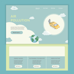Obraz premium Air pollution flat landing page website template. Energy saving, sustainable technology, green factory. Web banner with header, content and footer. Vector illustration.