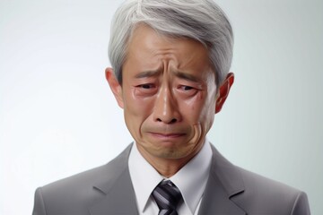 悲しい辛い泣く日本人の男性シニアビジネスマンのポートレート写真（白背景・サラリーマン・スーツ・年配・社長・課長・部長・役職）