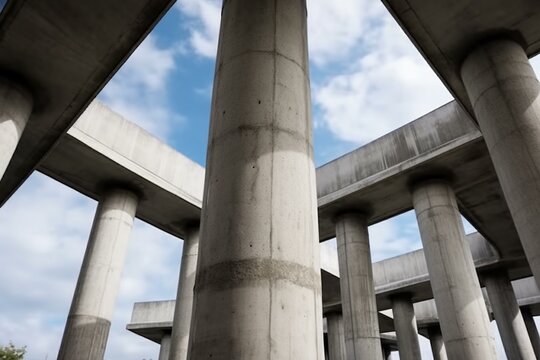 Architecture of concrete columns under a sky. Generative AI