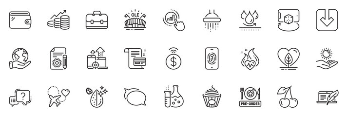 Icons pack as Portfolio, Question mark and Augmented reality line icons for app include Documentation, Load document, Growth chart outline thin icon web set. Pre-order food, Seo devices. Vector
