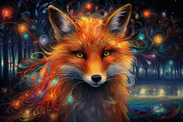 beautiful illustration of a red fox in a magical fantasy scene, colorful art, mythical creature