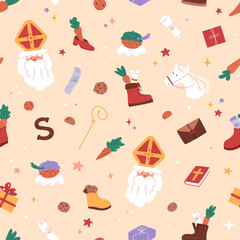 Sinterklaas seamless pattern. Saint Nicholas portrait, little piet, cute horse, cookies and carrots in shoes, gift boxes, drawing in boot. Chocolate letter. Traditional elements. Vector illustration