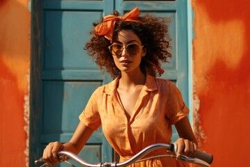 Smiling curly young woman riding a bicycle in the city on an orange background - Powered by Adobe