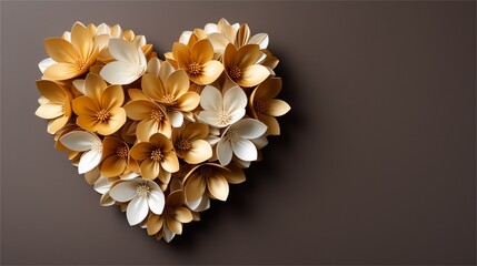 golden heart with flowers and bow on dark background
