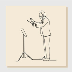 Continuous single line art drawing of music conductor directing concert orchestra performance with stick and notes book. Vector illustration one line sketch of music concept