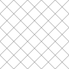 Diagonal cross line grid seamless pattern. Geometric diamond texture. Black diagonal line mesh on white background. Minimal quilted fabric. Metallic wires fence pattern. Vector illustration.