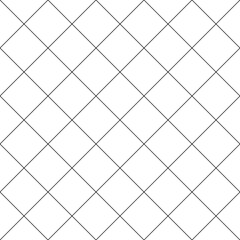 Diagonal cross line grid seamless pattern. Geometric diamond texture. Black diagonal line mesh on white background. Minimal quilted fabric. Metallic wires fence pattern. Vector illustration.