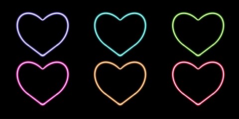 set heart glowing desktop icon, neon heart sticker, neon figure, glowing figure, neon geometrical figures 