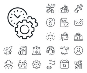 Clock sign. Salaryman, gender equality and alert bell outline icons. Time management line icon. Gear symbol. Time management line sign. Spy or profile placeholder icon. Online support, strike. Vector