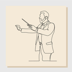 Continuous single line art drawing of music conductor directing concert orchestra performance with stick and notes book. Vector illustration one line sketch of music concept