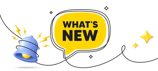 Whats new tag. Continuous line art banner. Special offer sign. New arrivals symbol. Whats new speech bubble background. Wrapped 3d bell icon. Vector