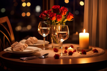 Naklejka na ściany i meble Enchanting Evening: Romantic Dinner Setting Illuminated by Soft Ambient Lighting, Creating Unforgettable Moments