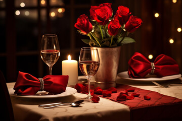 Enchanting Evening: Romantic Dinner Setting Illuminated by Soft Ambient Lighting, Creating Unforgettable Moments