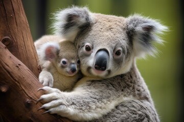 a koala mother with joey clinging to her back