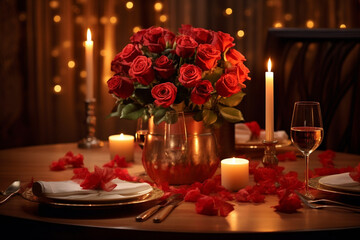 Obraz premium Enchanting Evening: Romantic Dinner Setting Illuminated by Soft Ambient Lighting, Creating Unforgettable Moments