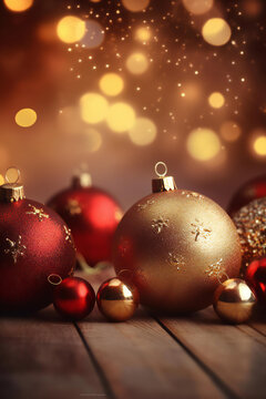Merry Christmas ornaments. Red and Gold Christmas balls and lights Christmas tree on defocused lights Christmas with bokeh lights and stars. with soft and warm tones. Ai Generative