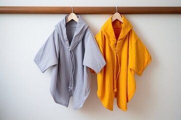 child-sized and adult-sized robes neatly folded near each other