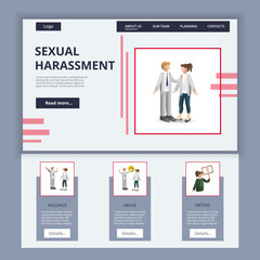 Sexual harassment flat landing page website template. Violence, abuse, metoo. Web banner with header, content and footer. Vector illustration.