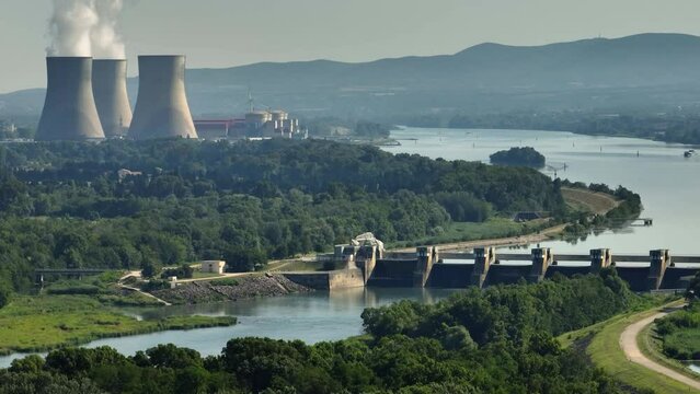 Nuclear Power Plant Dam France River Rhone Aerial Ardeche