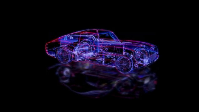 render 3D animation of the model classic car on a black background future technology screen