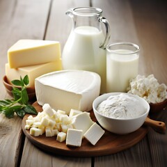 Fresh dairy products, milk, cottage cheese, eggs, yogurt, sour cream and butter on wooden table, side view
