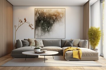 3D-rendered living room showcasing a sofa and poster. Generative AI