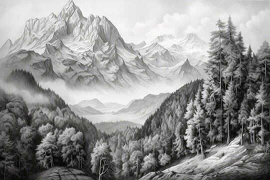 Drawing of a mountainous landscape. Generative AI