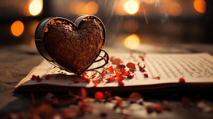 heart in an iron shell. heart on a letter with a declaration of love. poems on a sheet. Valentine's Day