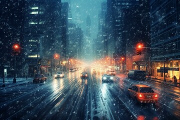 Rainy, snowy city drive with limited visibility. Slippery road. Generative AI - obrazy, fototapety, plakaty