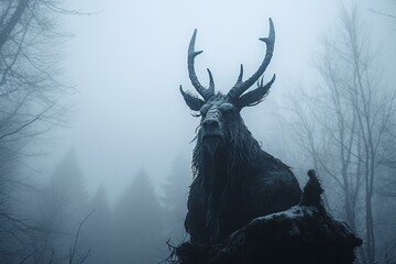 A mythical creature with horns overlooking a misty winter forest. Generative AI