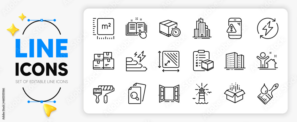 Poster square area, lighthouse and wholesale inventory line icons set for app include square meter, open do